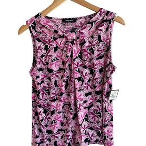 Nine West Top Butterfly Print‎ Pleated Neck Magenta Work Classic Small Couquette